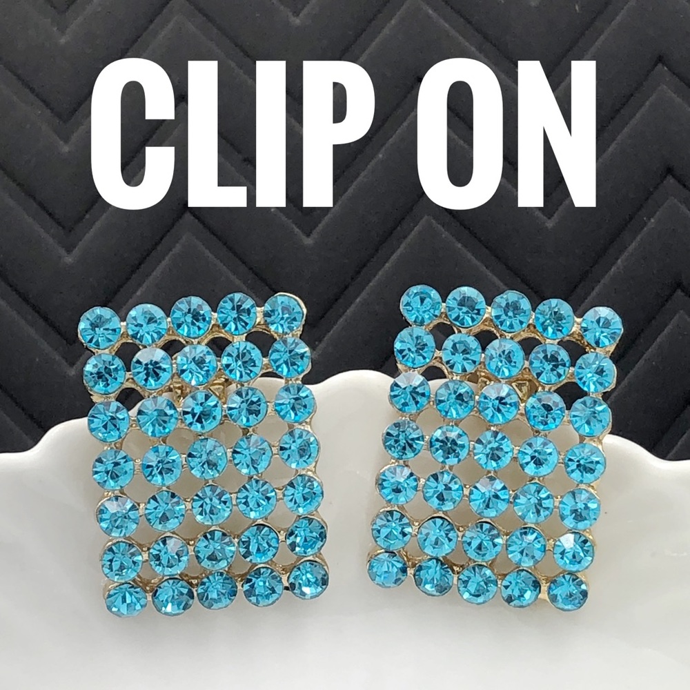 Aqua Blue Rhinestone Clip On Gold Earrings